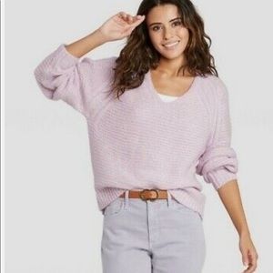 Women's Large Universal Thread V Neck Balloon Sleeve Knit Sweater - Lavender XL